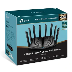 ROUTER TP-LINK wireless 7800Mbps, 1× 2.5 Gbps WAN/LAN port + 1× 1 Gbps WAN/LAN port + 3× Gigabit LAN ports + 2× USB, 2.4 Ghz/5 Ghz dual band, 8 antene externe, WI-FI 6 &quot;Archer AX95&quot;
