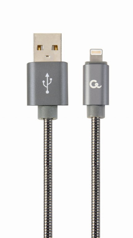 CABLU alimentare si date GEMBIRD, pt. smartphone, USB 2.0 (T) la Lightning (T), 1m, premium, cablu metalic, gri-metalic, cu insertii albe, "CC-USB2S-AMLM-1M-BG" (include TV 0.06 lei) thumb