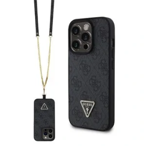 Husa Guess PU 4G Strass Triangle Metal Logo  + Snur pentru iPhone 15 Pro Black