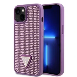Husa Guess Rhinestones Triangle Metal Logo pentru iPhone 15 Plus Purple