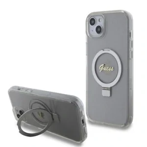 Husa Guess IML Ring Stand Glitter MagSafe pentru iPhone 15 Plus Transparent