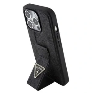 Husa Guess PU Grip Stand 4G Strass Triangle Metal Logo pentru iPhone 15 Pro Black