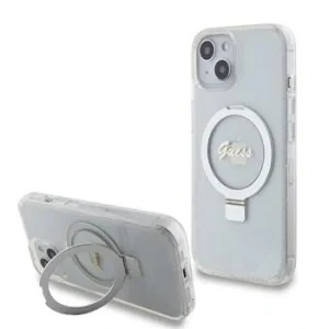 Husa Guess IML Ring Stand Glitter MagSafe pentru iPhone 15 Transparent