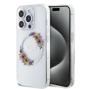 Husa Guess PC/TPU Flowers Ring Glossy Logo MagSafe pentru Phone 14 Pro Max