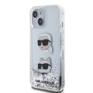Husa Karl Lagerfeld Liquid Glitter Karl and Choupette pentru iPhone 15 Argintiu